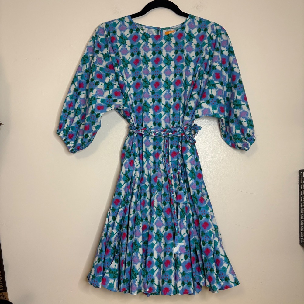 Briton Court Dress Small Blue Purple Floral Print Braided Belt Midi Boho Summer
